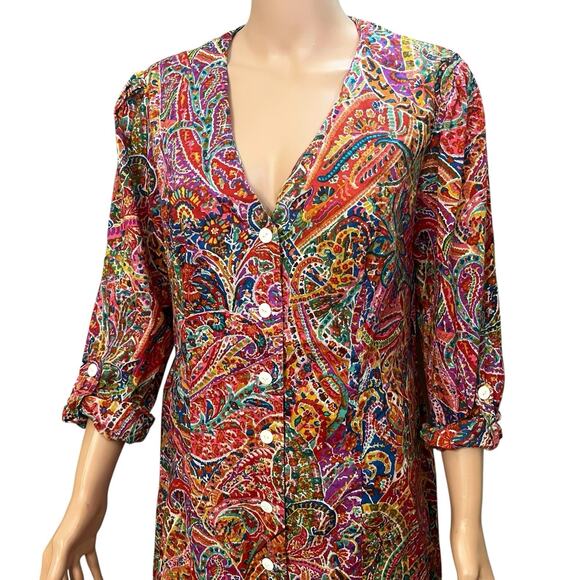 70s VTG Paisley Midi Shirt Dress Large Colorful Retro Psychedelic Hippie - Picture 2 of 9